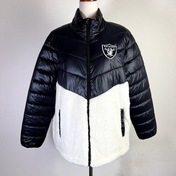 Las Vegas Raiders NFL Puffer Jacket Women's XL Black White Sherpa Gorpcore Fall - Picture 1 of 10